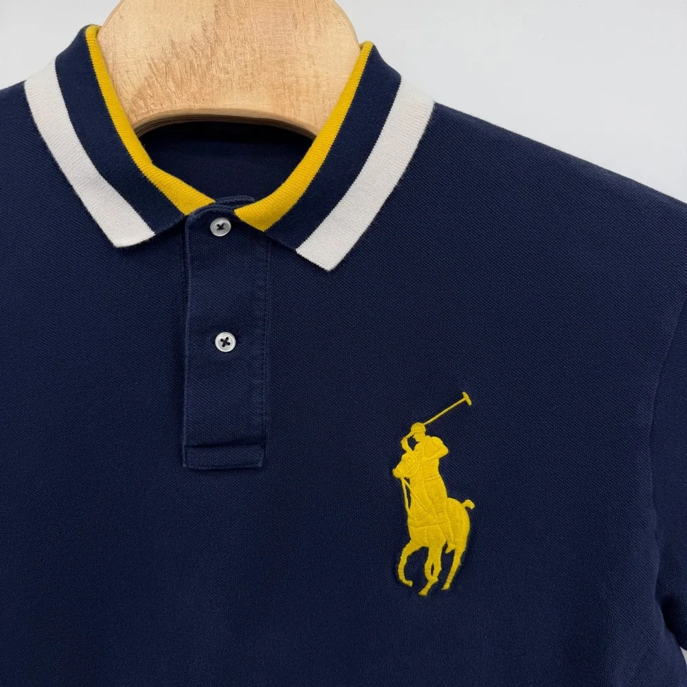 Polo Ralph Lauren Polo Shirt Men XL Navy Blue Big Pony Tipped Collar Short Slv